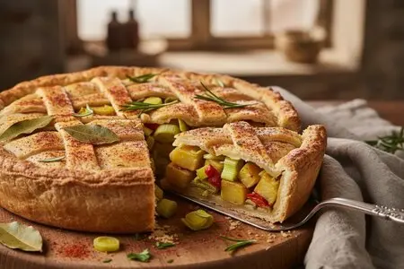 Постный пирог с картофелем, луком-пореем и копчёной паприкой