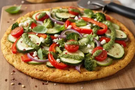 Постная пицца на корже из цветной капусты с овощами и соусом песто
