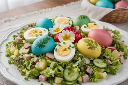 Пасхальный салат с крашеными яйцами, зелёным луком и сметаной: простой рецепт для праздника