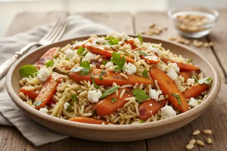 Рисовый салат с запечённой морковью, фетой и кедровыми орехами: тёплый, ароматный и очень простой