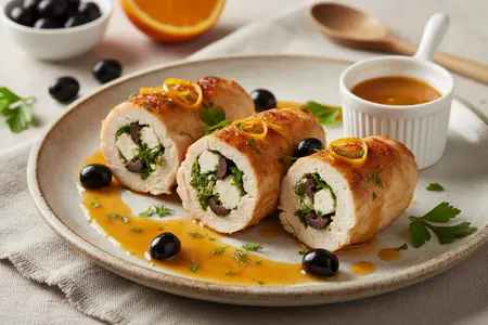 Куриные рулетики с оливками и апельсиновым соусом: сочное горячее с ярким ароматом
