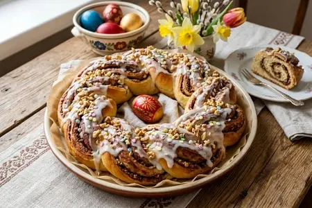 Пасхальный венок из дрожжевого теста - с ореховой начинкой и глазурью