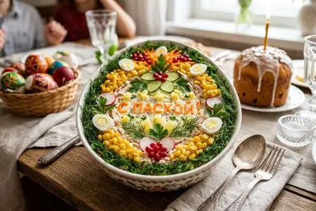 Пасхальный салат с копчёной курицей и ананасом - оригинальная закуска к празднику