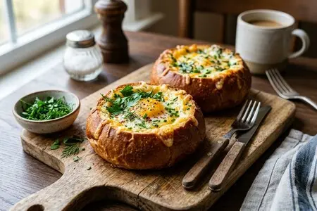 Яйца, запечённые с сыром и зеленью в булочке - сытный завтрак за 15 минут