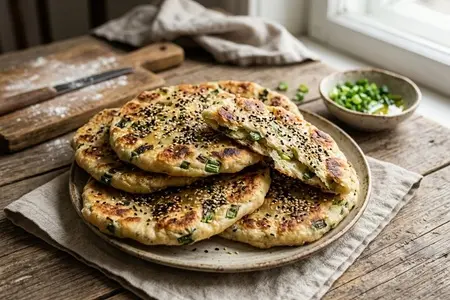 Постные лепёшки с зелёным луком и кунжутом - быстрый и ароматный перекус