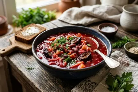 Постный борщ с фасолью и сливой - кисло-сладкой нотка и глубокий вкус