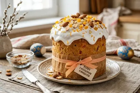 Кулич с апельсиновой цедрой и миндалём - украшение пасхального стола
