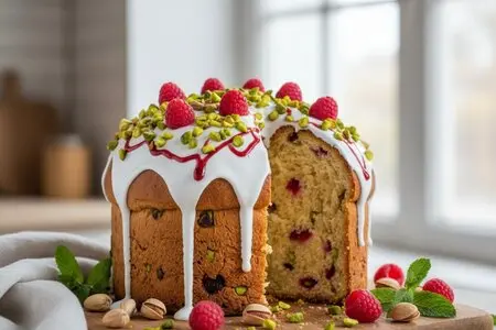 Кулич с фисташками и малиной - необычное и яркое угощение для пасхального стола
