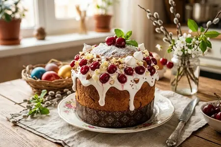 Кулич с заварным кремом и вишней - нежный вариант пасхальной выпечки