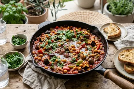 Постная шакшука с нутом и баклажаном - сытное блюдо восточной кухни
