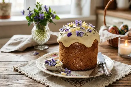 Кулич с белым шоколадом и фиалками - нежный вкус и изысканный декор
