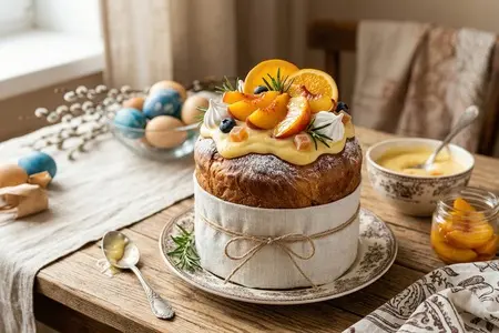 Кулич с заварным кремом и персиками - нежный вариант пасхальной выпечки