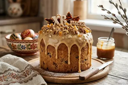 Пасхальный кулич с грецким орехом и карамельной начинкой - прослойка карамели и насыщенный вкус орехов