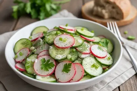 Салат с редиской и огурцом - классическое весеннее блюдо, наполненное свежестью