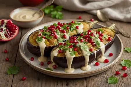 Запечённые баклажаны с тахини и гранатом - эффектное блюдо ближневосточной кухни