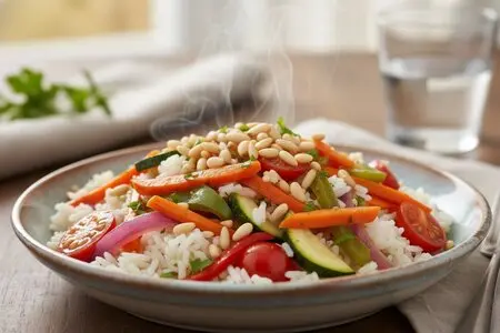 Рис с овощами и кедровыми орешками - яркое, ароматное и очень полезное блюдо