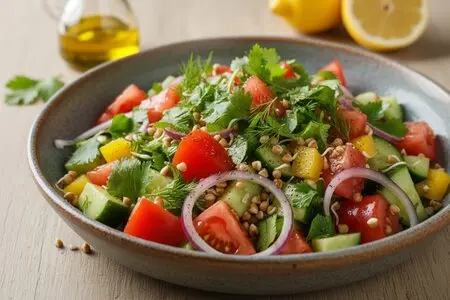 Постный салат с пророщенной гречкой и овощами: рецепт, советы и польза