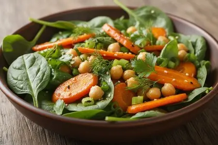 Салат с печёной морковью, нутом и зелёным луком: сытное, полезное и яркое блюдо