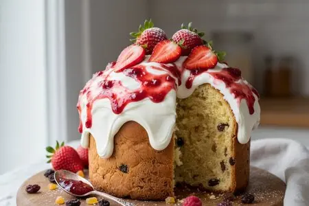 Кулич с кремом из маскарпоне и клубничным джемом