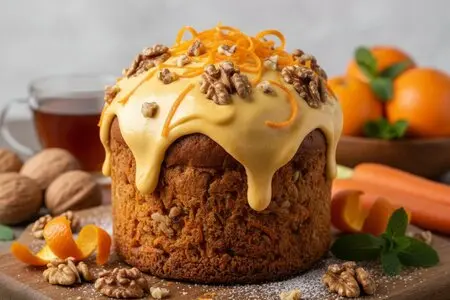 Кулич с морковью, грецкими орехами и апельсиновым кремом: сладкая морковь и хруст орехов