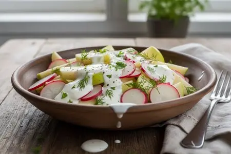 Освежающий салат с редисом, яблоком и сметанно-хреновым соусом