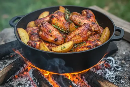 Жаркое с куриными крылышками и картофелем на углях