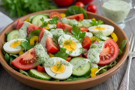 Укропная свежесть: овощной салат с яйцом и помидорами