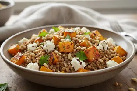 Гречневый салат с запечённой тыквой, сыром фета и кедровыми орешками