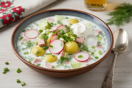 Окрошка на кефире с редисом, огурцом и молодым картофелем