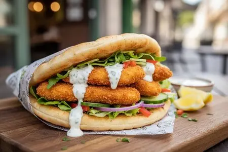 Пита с хрустящей курицей, овощами и чесночным соусом