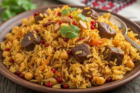 Плов с говядиной, нутом и барбарисом - сытное и ароматное блюдо