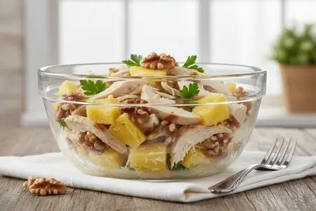 Салат с копченой курицей, ананасом и грецким орехом