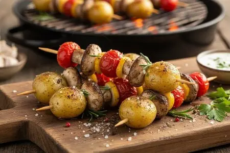 Шашлычки из шампиньонов, помидоров черри и молодого картофеля - яркое блюдо для пикника