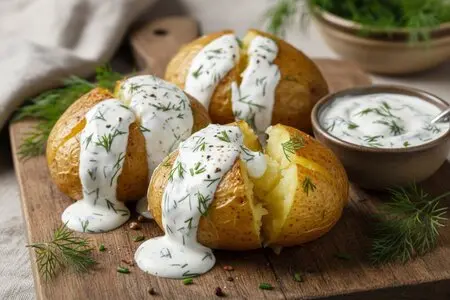 Печёный картофель с соусом из сметаны и укропа - классика пикника и домашней кухни
