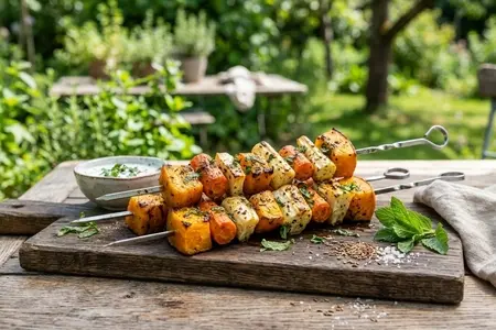 Овощной шашлык: пастернак, морковь, тыква с мятой и кумином