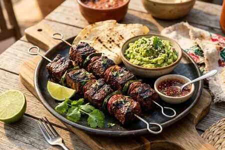 Шашлык из говядины по-мексикански с острым соусом и гуакамоле