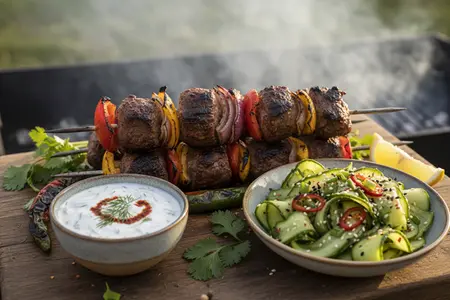 Шашлык из говядины с соусом цахтон и пряными огурцами по-корейски