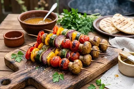 Овощной шашлык с грибами и медово-горчичной заправкой: яркий вкус и польза