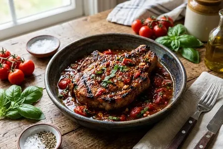 Свиной стейк в маринаде из томатов и базилика: простой способ добавить вкуса