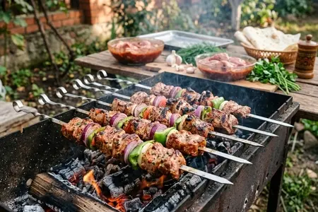 Шашлык из свиного балыка в маринаде из томатного сока и чеснока