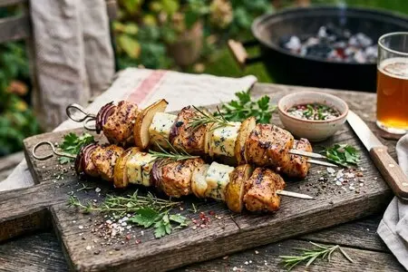 Шашлык из индейки с сыром дорблю и грушей: ресторанный вкус на пикнике