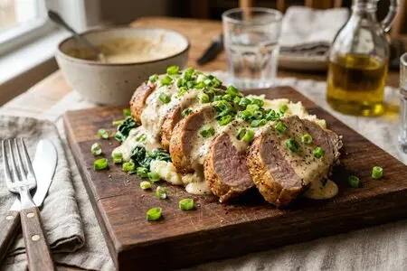 Свинина с копченым сливочным соусом и зеленым луком