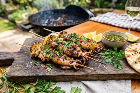 Шашлык из кальмаров с лимоном и петрушкой