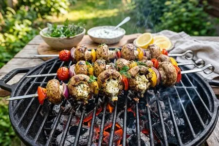 Шашлык из шампиньонов с сыром фета внутри