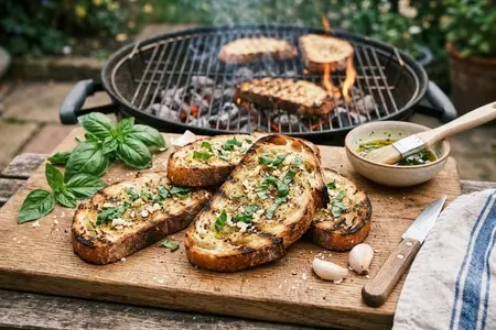 Хлеб на гриле с чесноком, маслом и базиликом