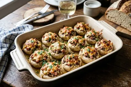 Шампиньоны, запечённые с ветчиной и сыром
