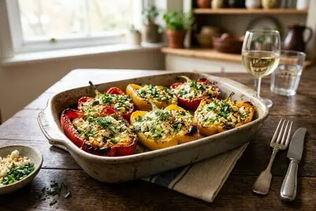 Запечённые перцы с брынзой и зеленью