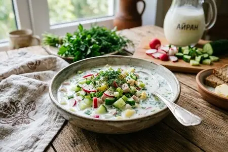 Окрошка на айране с огурцом и редисом