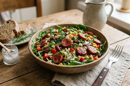Салат с копчёными колбасками, фасолью и зеленью