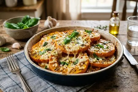 Печёная тыква с чесноком, базиликом и сыром